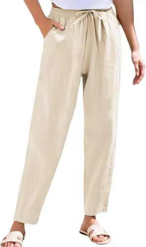 Linen Wide Leg Pants for Women Drawstring Casual Pants Straight Leg Linen