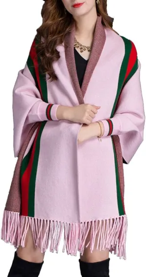 LIULIFE Tassel Shawl Spring Autumn Women's Cloak Scarf Dual-use Cardigan with Sleeves Cape Poncho,Pink-OneSize