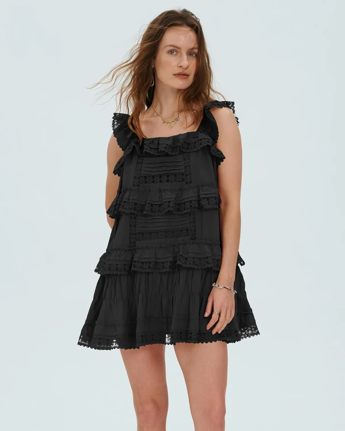 Locachy Women's Summer Flowy Ruffle Patchwork Mini Dress Casual Sleeveless Rompers Sundress with Built-in Shorts