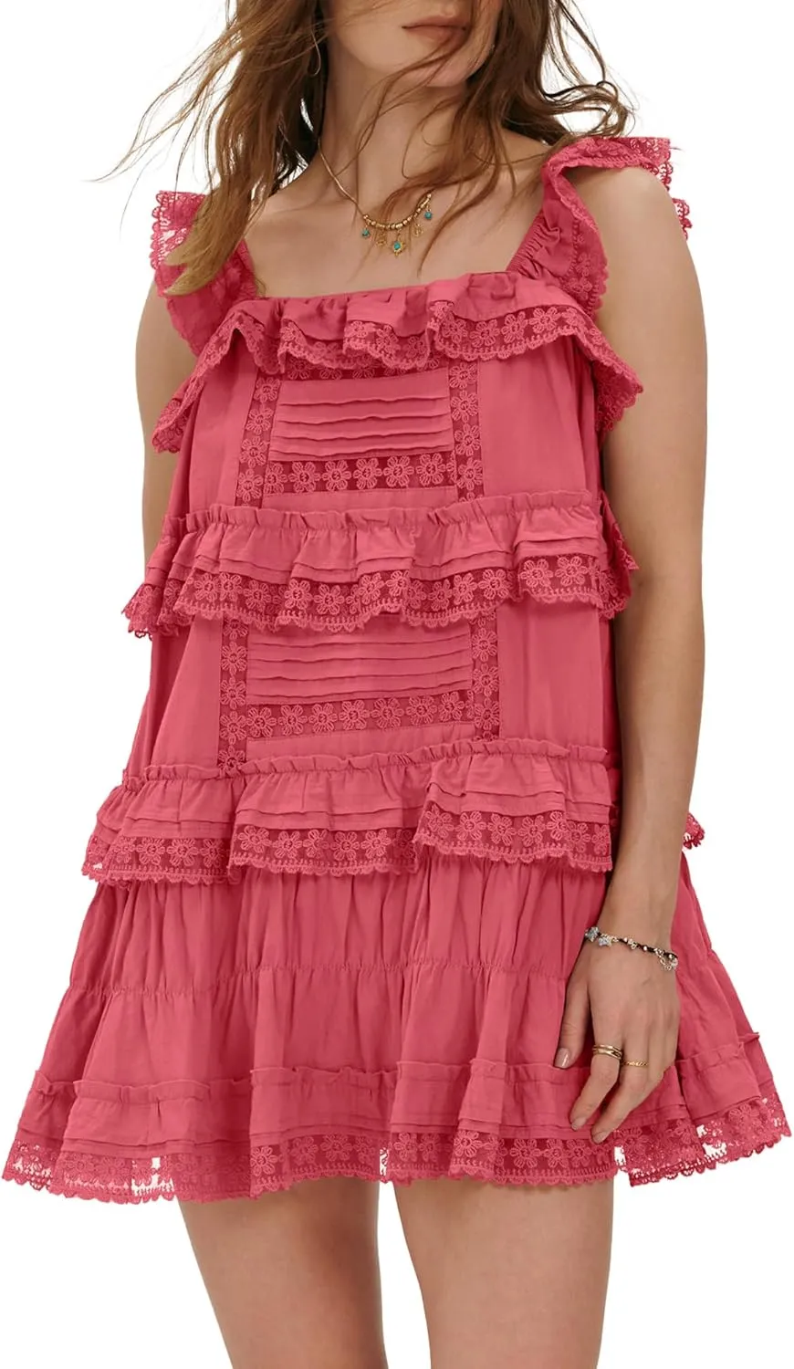 Locachy Women's Summer Flowy Ruffle Patchwork Mini Dress Casual Sleeveless Rompers Sundress with Built-in Shorts