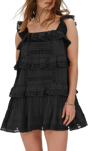 Locachy Women's Summer Flowy Ruffle Patchwork Mini Dress Casual Sleeveless Rompers Sundress with Built-in Shorts