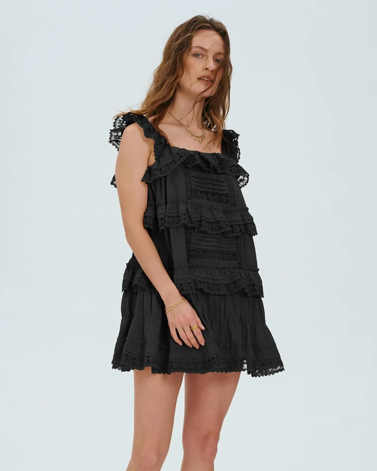 Locachy Women's Summer Flowy Ruffle Patchwork Mini Dress Casual Sleeveless Rompers Sundress with Built-in Shorts