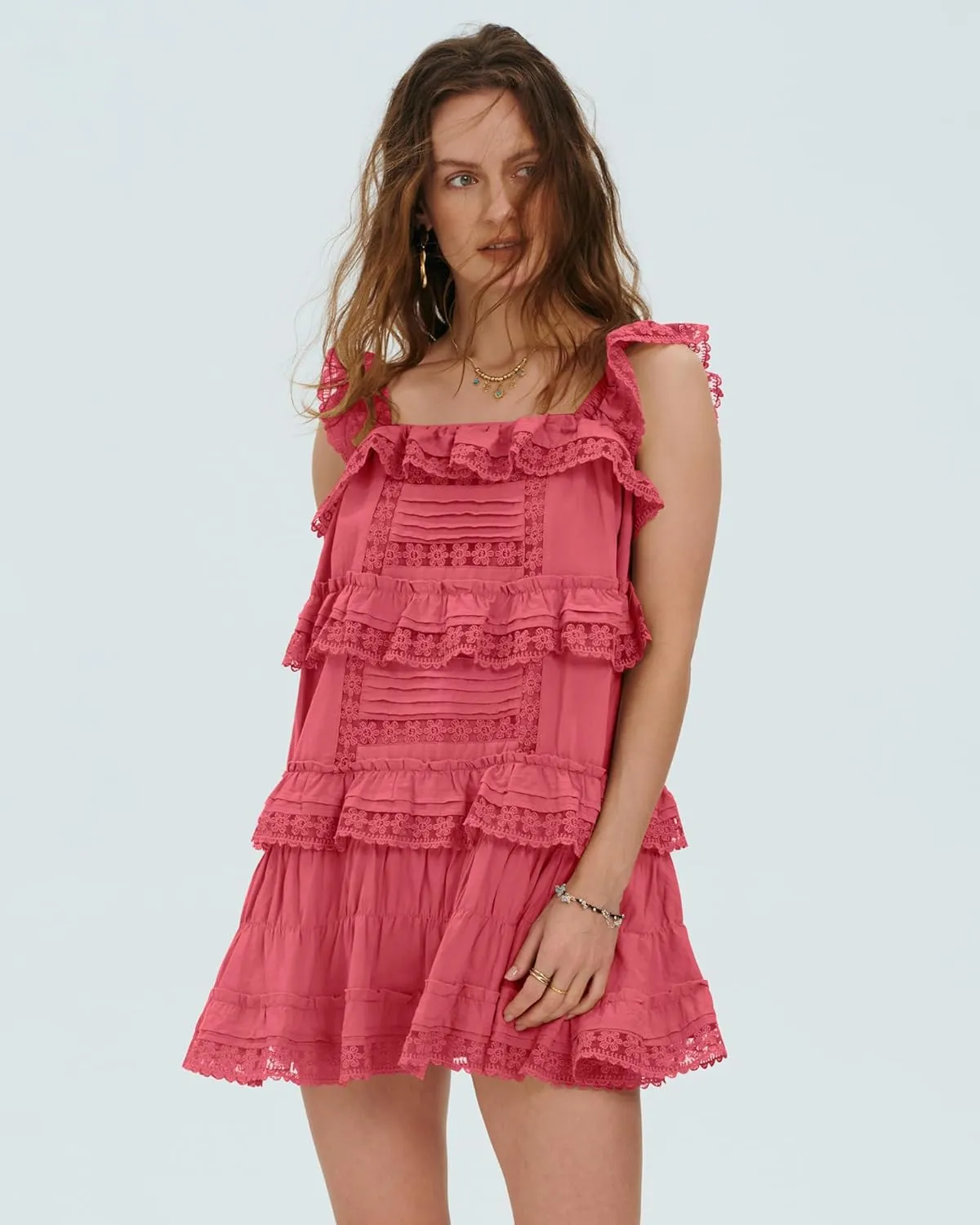 Locachy Women's Summer Flowy Ruffle Patchwork Mini Dress Casual Sleeveless Rompers Sundress with Built-in Shorts