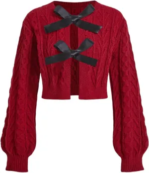 MakeMeChic Women's Bow Knot Cardigan Sweater Cable Knit Tie Front Crop Tops
