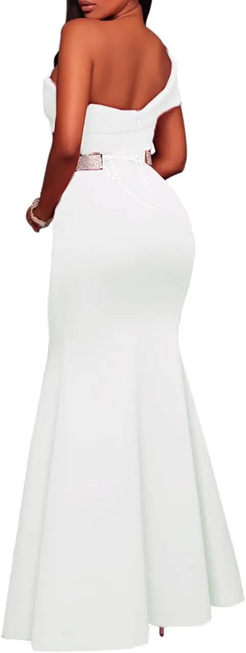 MAYFASEY Women's Sexy Off The Shoulder Oversized Bow Applique Evening Gown Party Long Maxi Dress