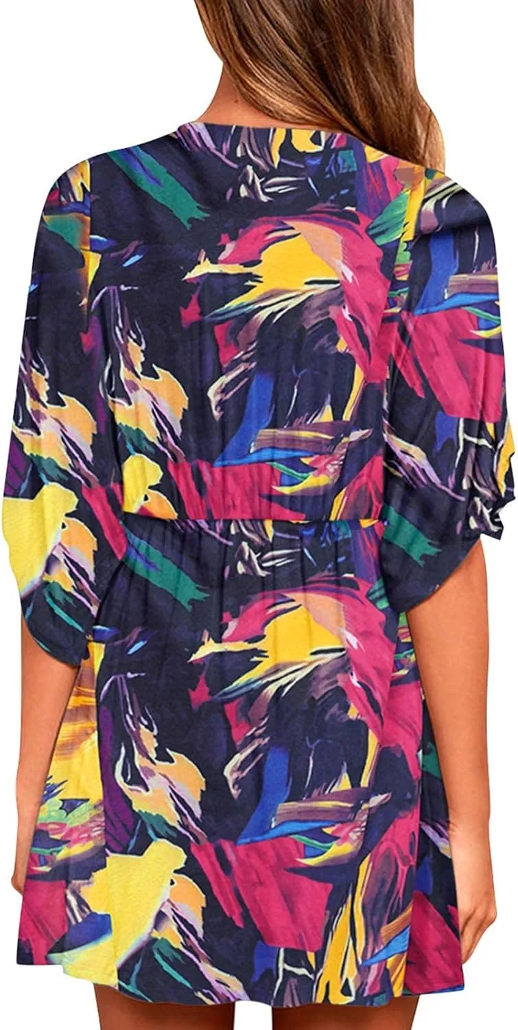 Meenew Women's Summer Casual Loose Tunic Swing Dress V Neck Short Vacation Dress