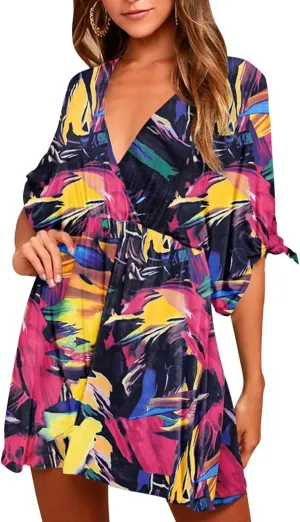 Meenew Women's Summer Casual Loose Tunic Swing Dress V Neck Short Vacation Dress