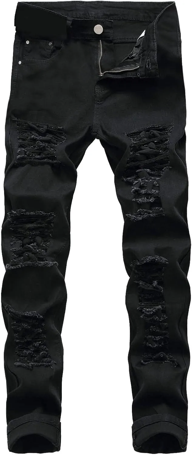 Men Ripped Jeans Slim Fit Destoryed Distressed Denim Pant Stretch Straight Leg Hip Hop Trouser Streetwear (No Belt)