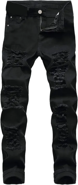 Men Ripped Jeans Slim Fit Destoryed Distressed Denim Pant Stretch Straight Leg Hip Hop Trouser Streetwear (No Belt)