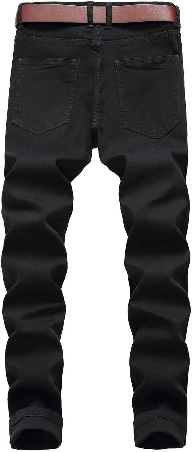 Men Ripped Jeans Slim Fit Destoryed Distressed Denim Pant Stretch Straight Leg Hip Hop Trouser Streetwear (No Belt)