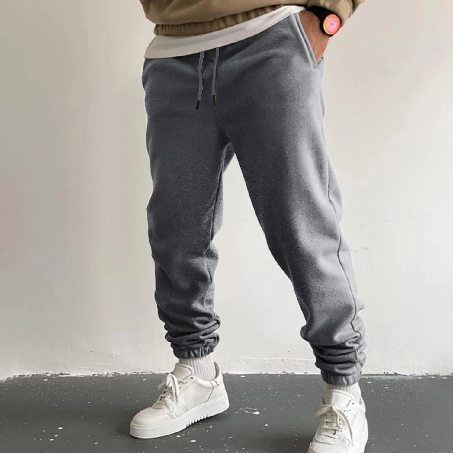 Mens Autumn and Winter High Street Fashion Loose Pants Fleece Lined Sweatpants Active Outdoor Sports Jogger Pants