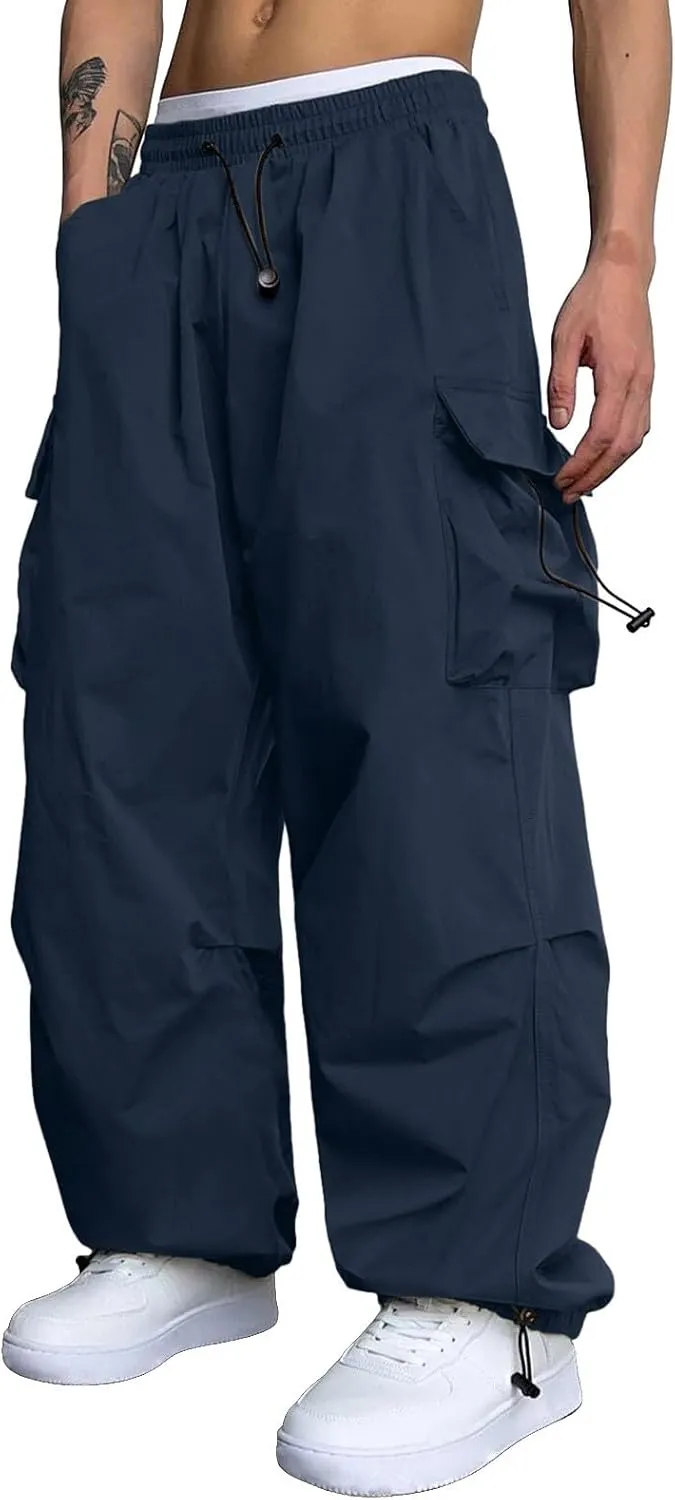 Men's Cargo Pants Loose Fit Casual Joggers Drawstring Elastic Waist Track Pants Multi Pockets