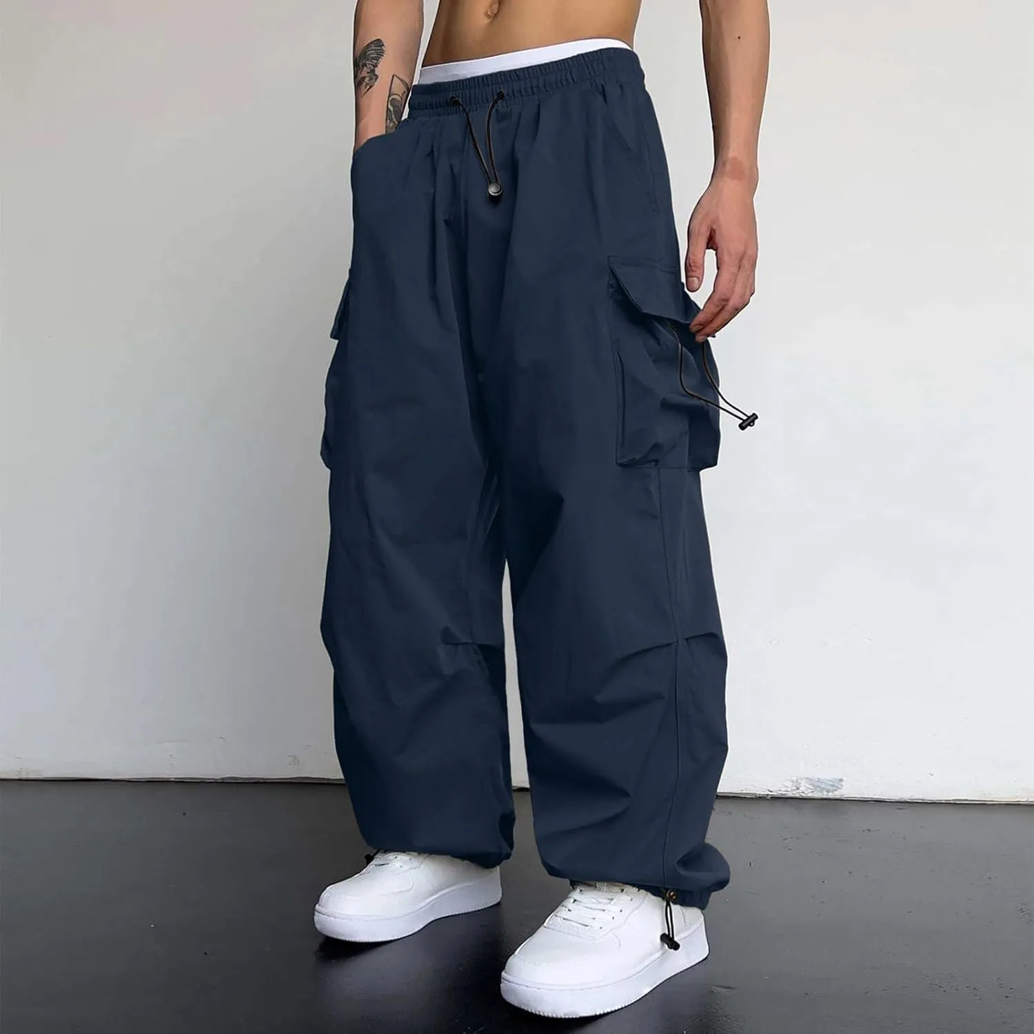 Men's Cargo Pants Loose Fit Casual Joggers Drawstring Elastic Waist Track Pants Multi Pockets
