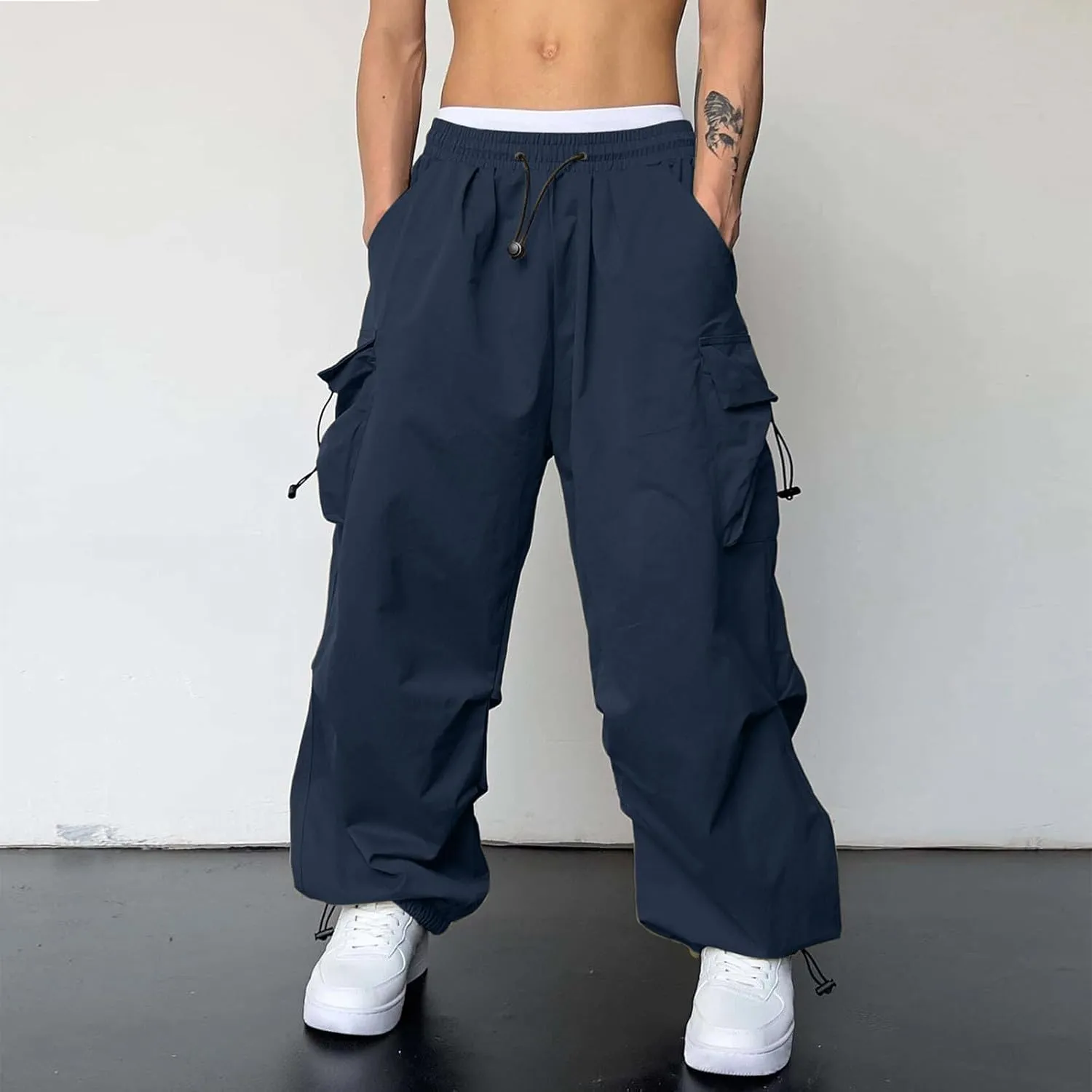 Men's Cargo Pants Loose Fit Casual Joggers Drawstring Elastic Waist Track Pants Multi Pockets