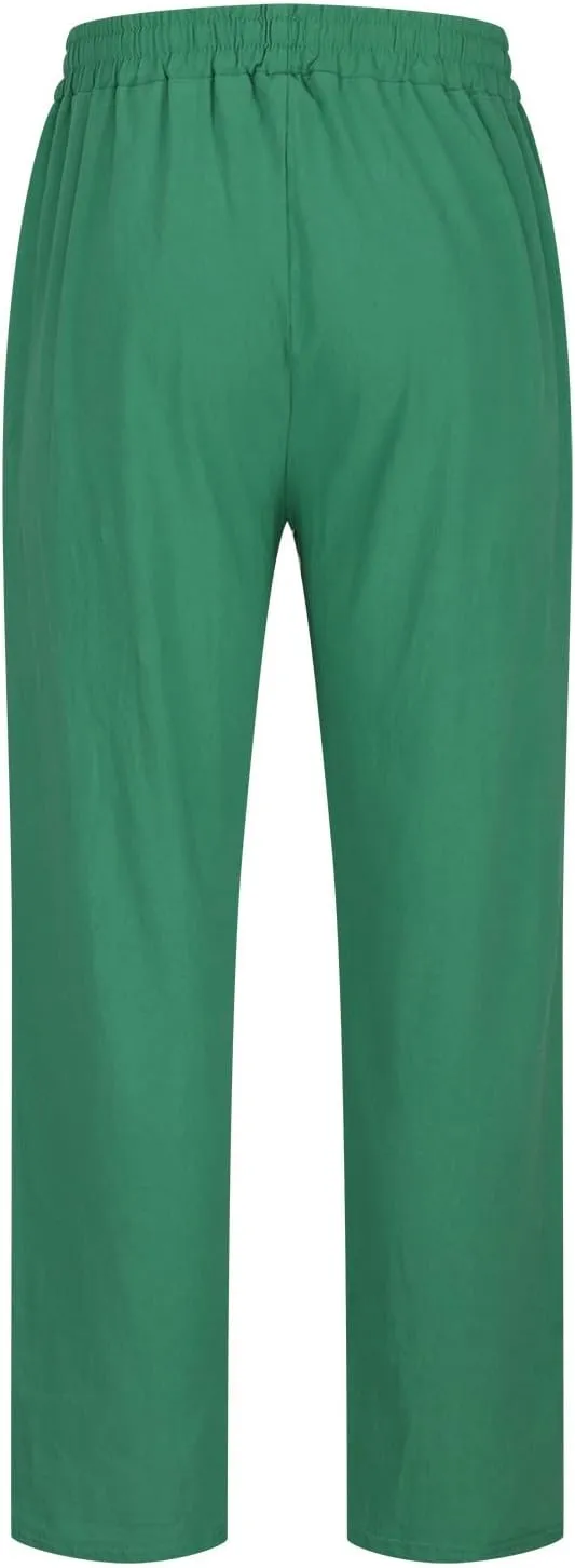 Mens Cotton Linen Pants Casual Lightweight Loose Beach Pant Elastic Drawstring Waist Straight Leg Trouser with Pocket