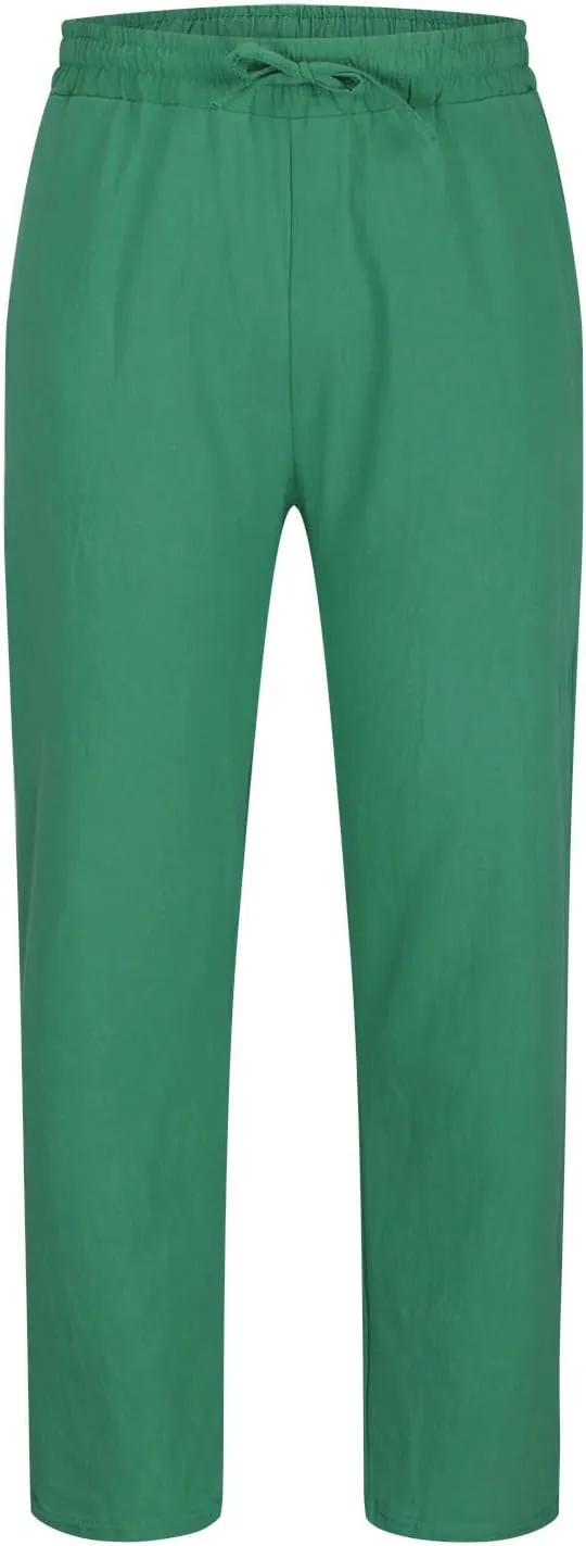 Mens Cotton Linen Pants Casual Lightweight Loose Beach Pant Elastic Drawstring Waist Straight Leg Trouser with Pocket