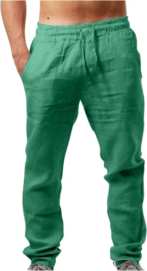 Mens Cotton Linen Pants Casual Lightweight Loose Beach Pant Elastic Drawstring Waist Straight Leg Trouser with Pocket