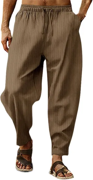 Mens Cotton Linen Pants Elastic Drawstring Waist Trouser Casual Loose Fit Yoga Beach Pants Striped Hip Hop Sports Pants
