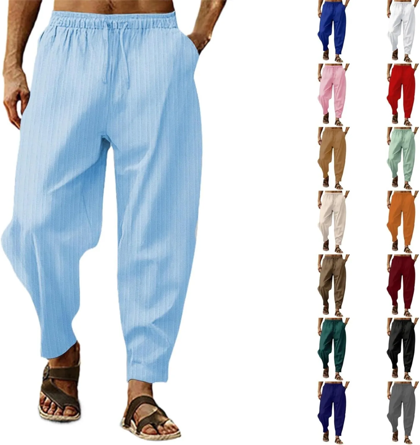 Mens Cotton Linen Pants Elastic Drawstring Waist Trouser Casual Loose Fit Yoga Beach Pants Striped Hip Hop Sports Pants