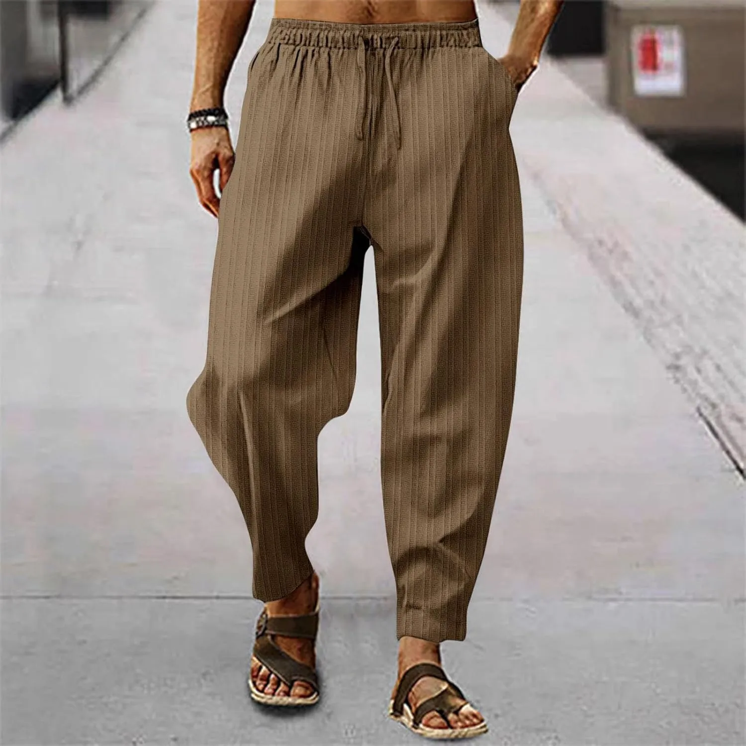 Mens Cotton Linen Pants Elastic Drawstring Waist Trouser Casual Loose Fit Yoga Beach Pants Striped Hip Hop Sports Pants