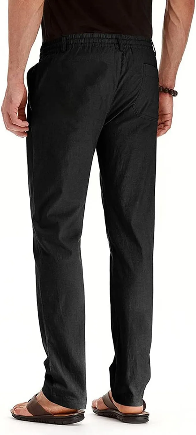 Men's Drawstring Linen Pants, Casual Summer Zipper Solid Color Beach Loose Workout Trousers, Oversized Sweatpants Mens