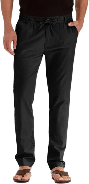 Men's Drawstring Linen Pants, Casual Summer Zipper Solid Color Beach Loose Workout Trousers, Oversized Sweatpants Mens