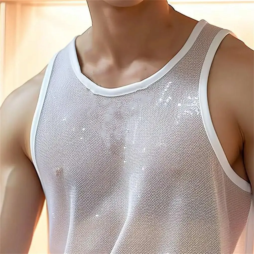 Men's Knit Transparet Tank Tops O Neck Sleeveless Mesh Solid Color Vest