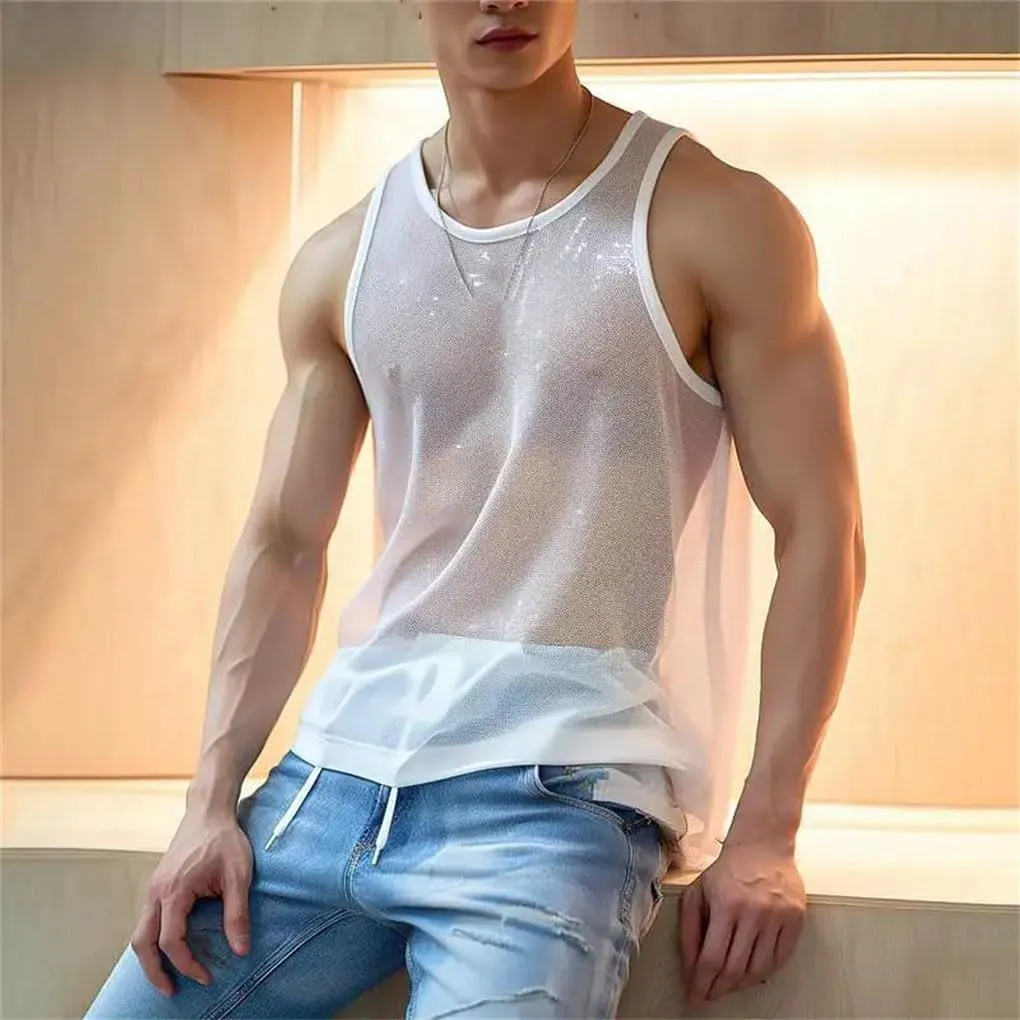 Men's Knit Transparet Tank Tops O Neck Sleeveless Mesh Solid Color Vest