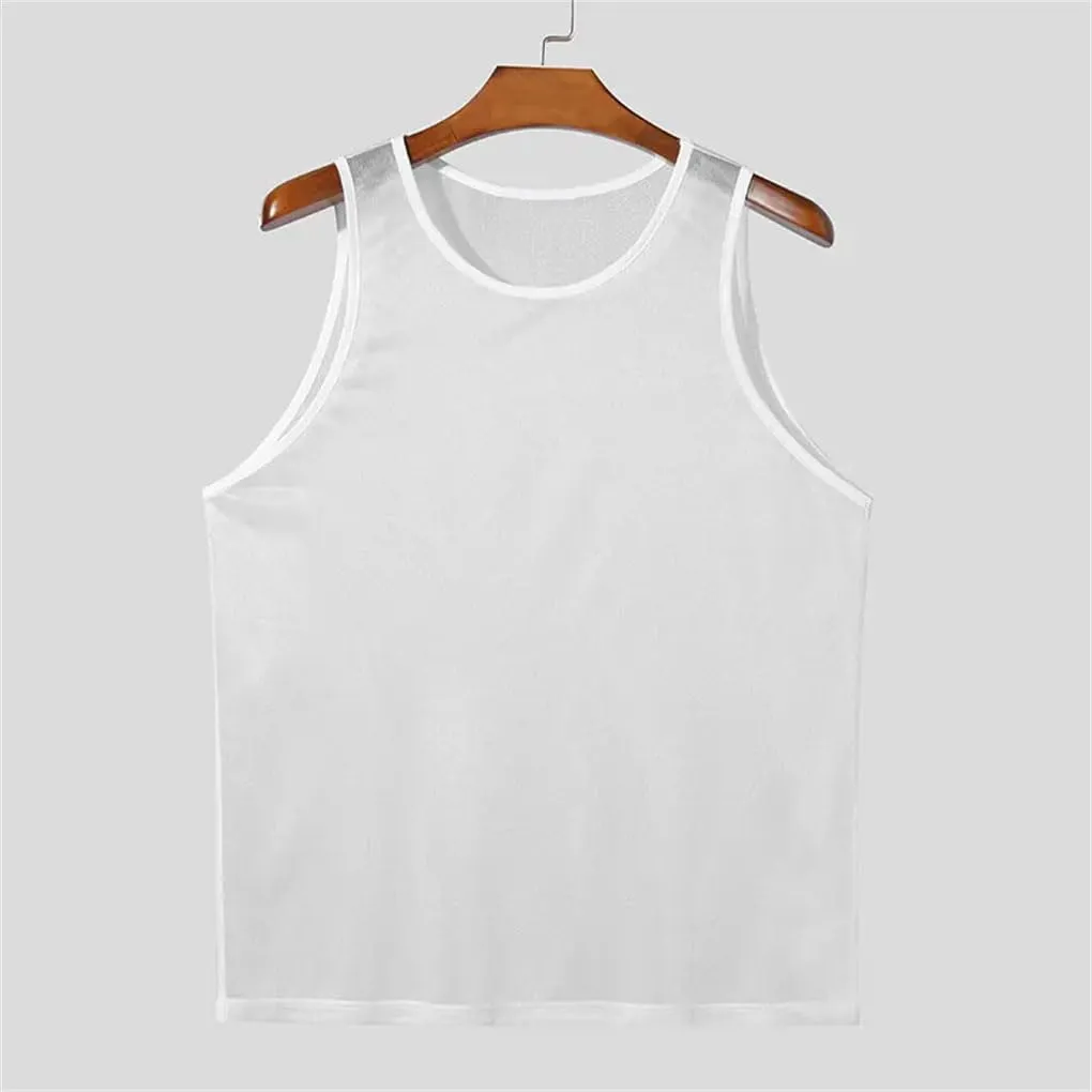 Men's Knit Transparet Tank Tops O Neck Sleeveless Mesh Solid Color Vest