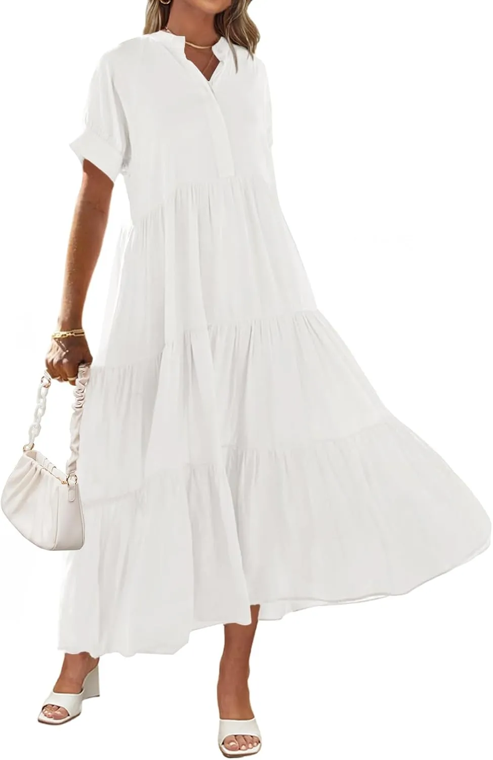 MEROKEETY Women Short Sleeve Summer Dress Button Down V Neck Ruffle Tiered Maxi Dresses