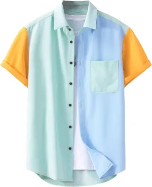 Milumia Men's Casual Button Up Shirt Pocket Short Sleeve Colorblock Blouse Tops