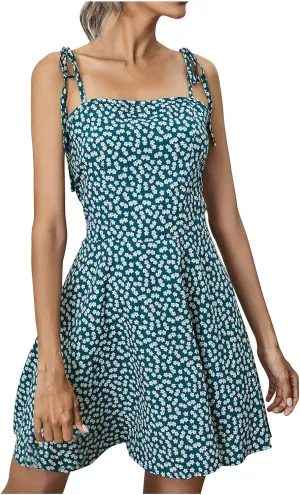 MINGXIN Spaghetti Strap Dresses for Women Sexy Sling Beach Dress Summer Backless Mini Dress Floral Print Slim Party Dress