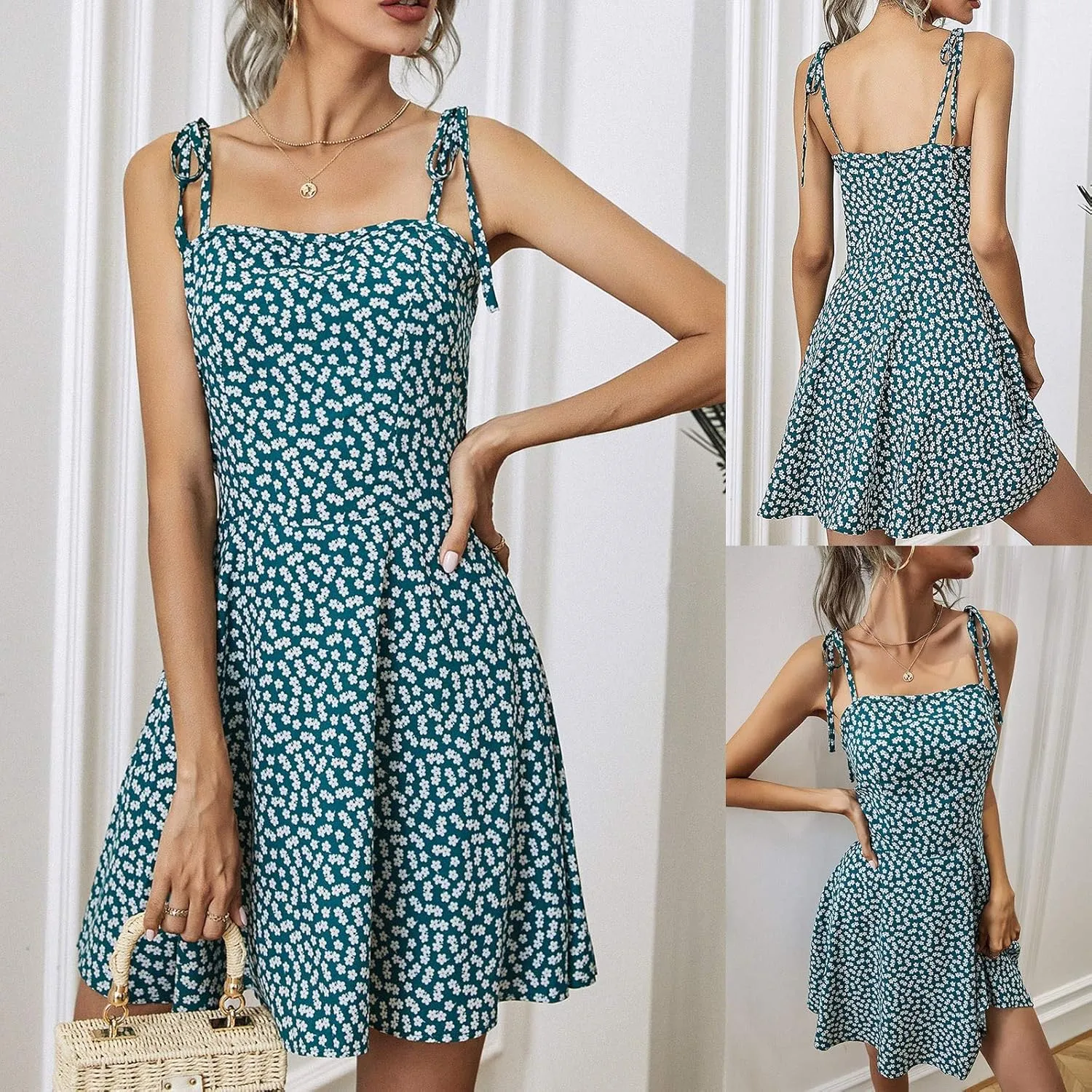 MINGXIN Spaghetti Strap Dresses for Women Sexy Sling Beach Dress Summer Backless Mini Dress Floral Print Slim Party Dress