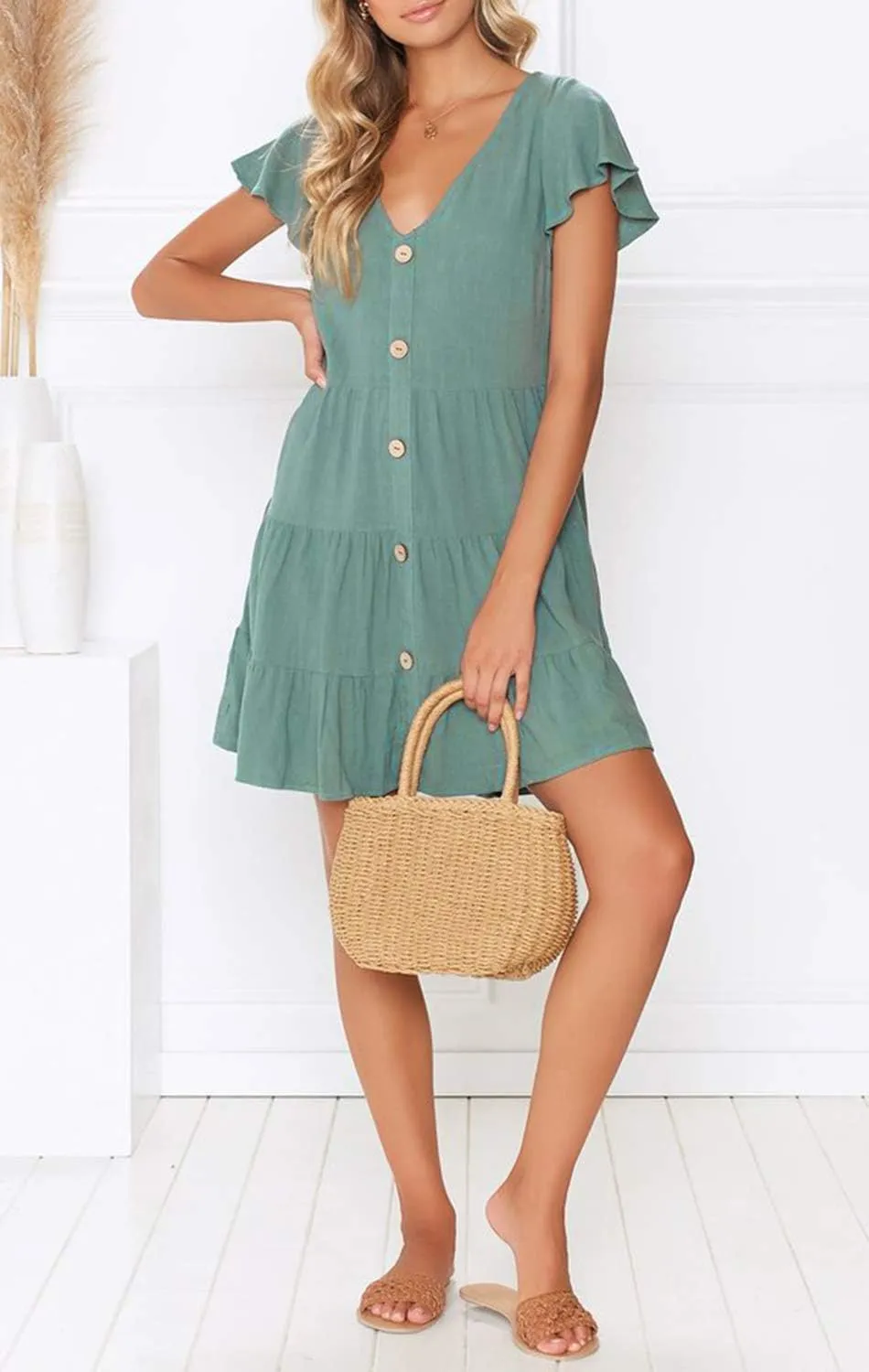 MITILLY Women's Casual T-Shirt Dresses Sleeveless V Neck Button Down A Line Loose Swing Short Dress with Pockets
