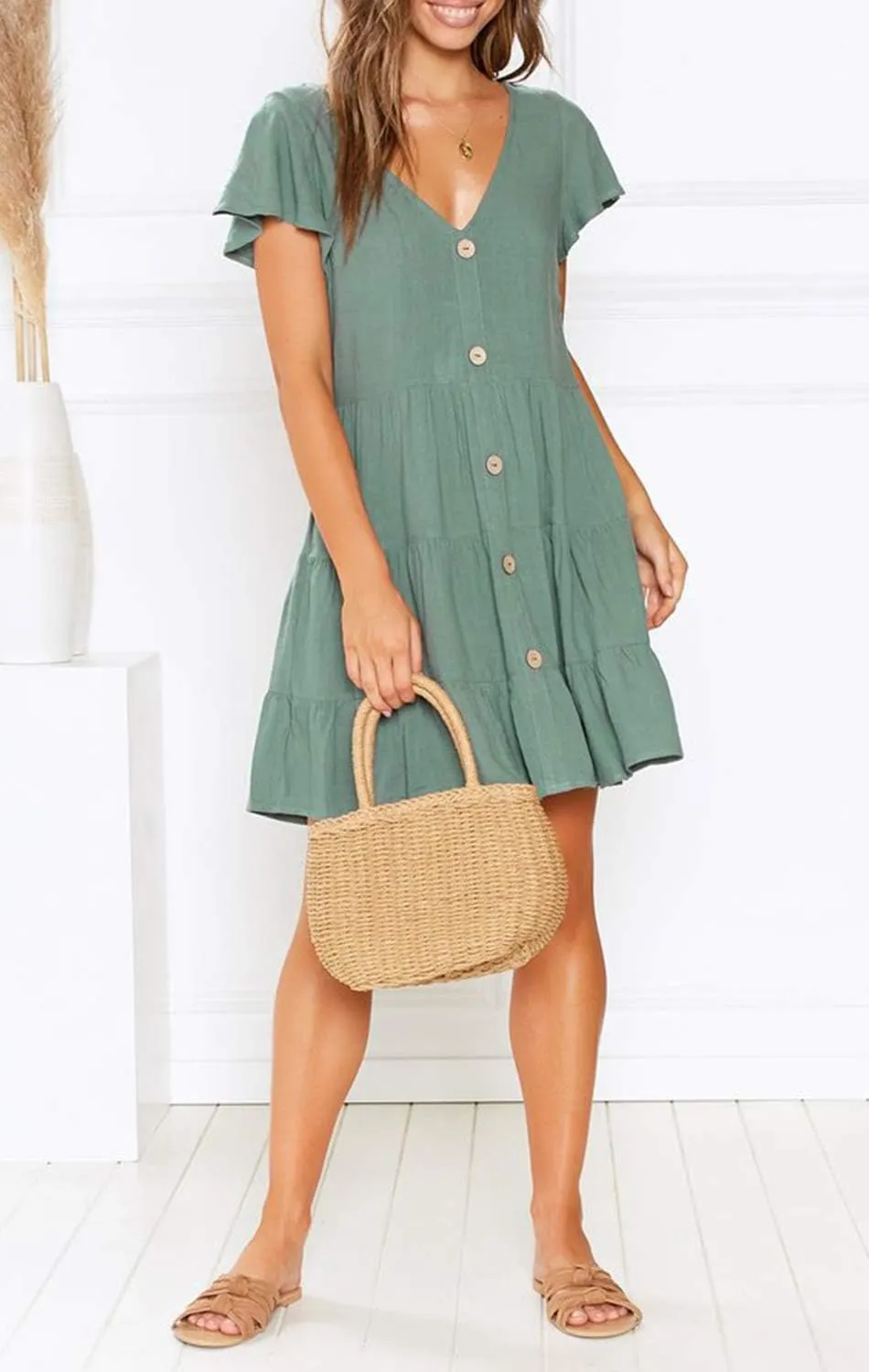 MITILLY Women's Casual T-Shirt Dresses Sleeveless V Neck Button Down A Line Loose Swing Short Dress with Pockets