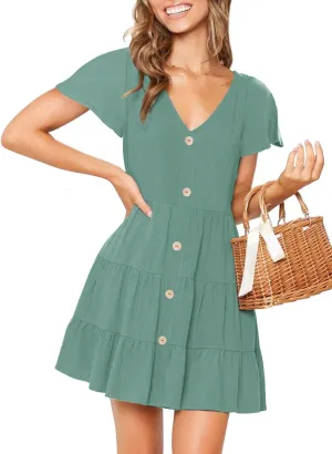 MITILLY Women's Casual T-Shirt Dresses Sleeveless V Neck Button Down A Line Loose Swing Short Dress with Pockets