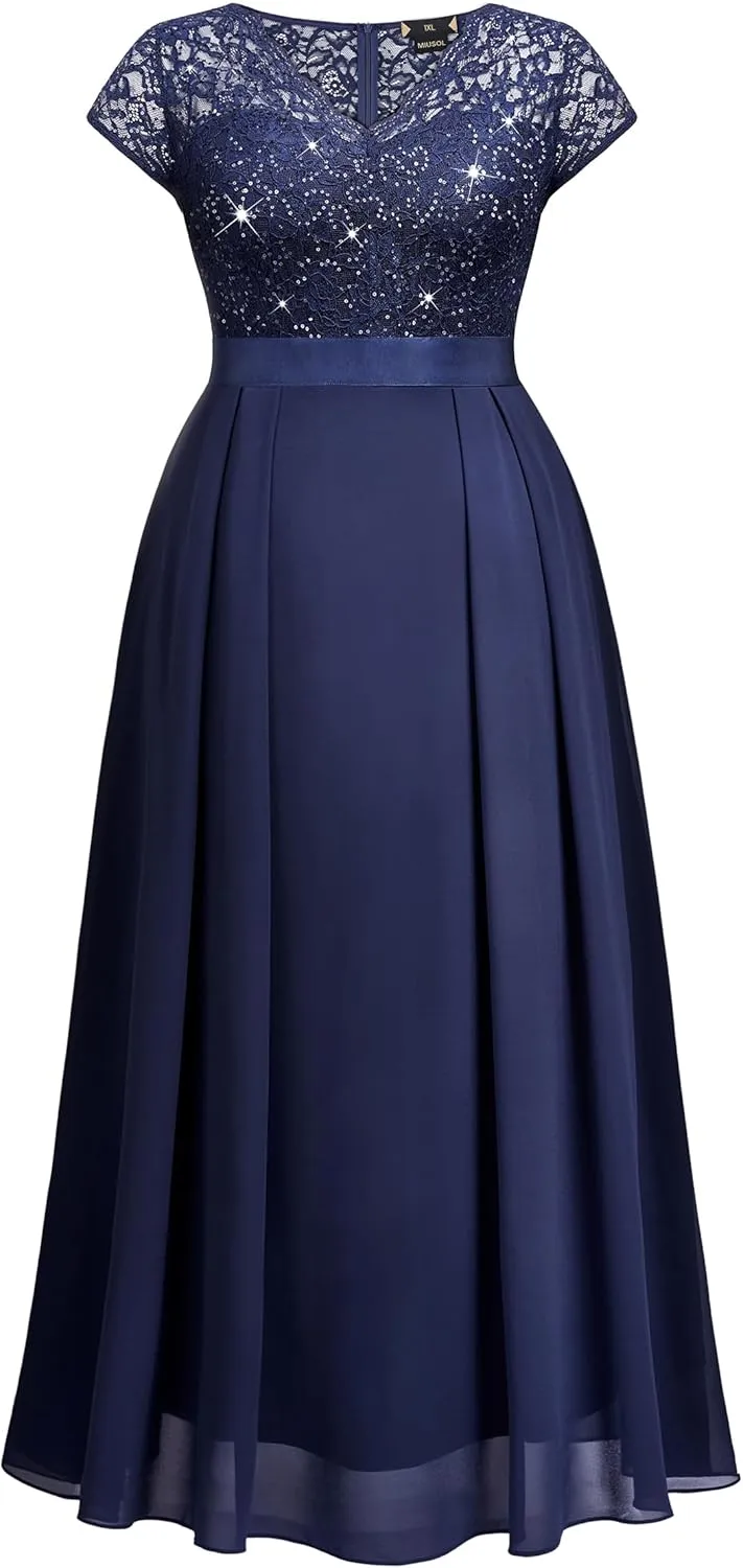Miusol Women's Plus Size Sequin Floral Lace V Neck Formal Bridesmaid Evening Party Flowy Maxi Dress