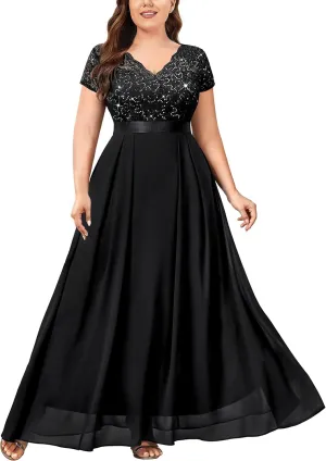 Miusol Women's Plus Size Sequin Floral Lace V Neck Formal Bridesmaid Evening Party Flowy Maxi Dress