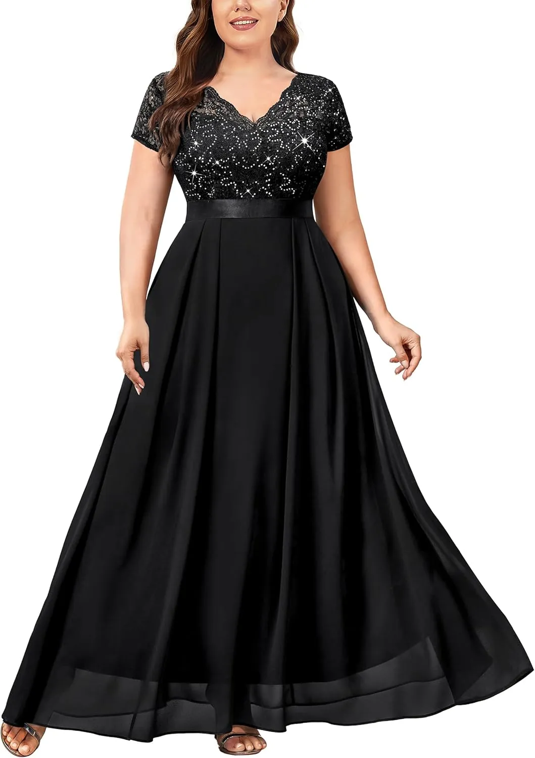 Miusol Women's Plus Size Sequin Floral Lace V Neck Formal Bridesmaid Evening Party Flowy Maxi Dress