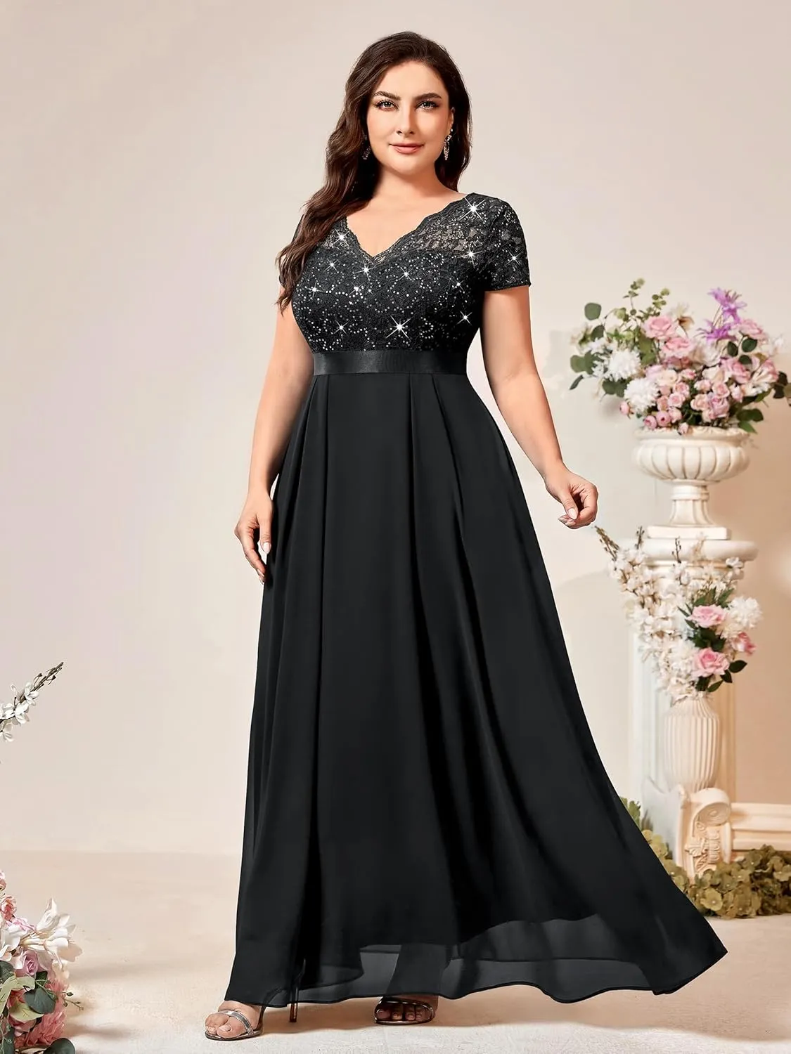 Miusol Women's Plus Size Sequin Floral Lace V Neck Formal Bridesmaid Evening Party Flowy Maxi Dress