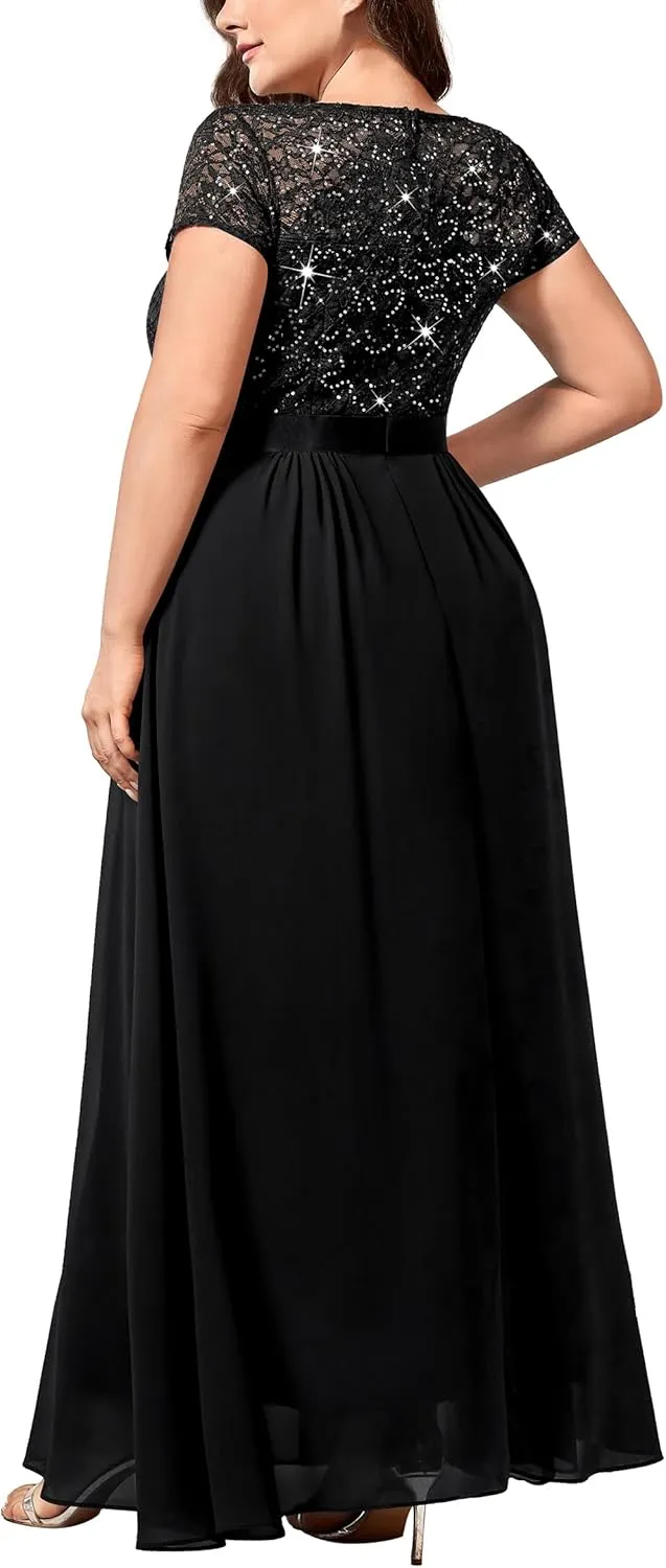 Miusol Women's Plus Size Sequin Floral Lace V Neck Formal Bridesmaid Evening Party Flowy Maxi Dress