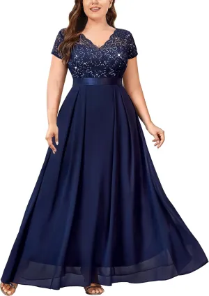 Miusol Women's Plus Size Sequin Floral Lace V Neck Formal Bridesmaid Evening Party Flowy Maxi Dress