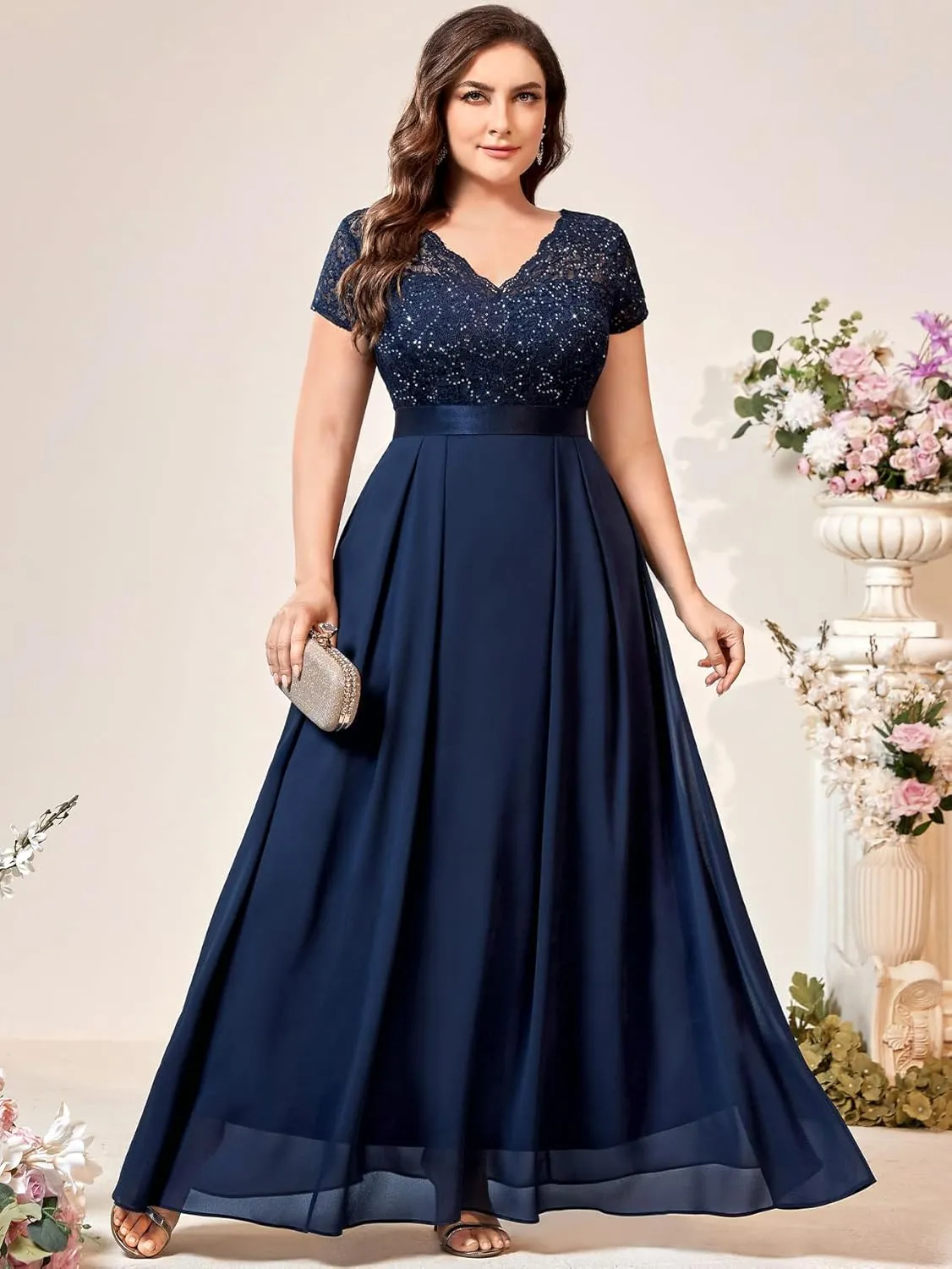 Miusol Women's Plus Size Sequin Floral Lace V Neck Formal Bridesmaid Evening Party Flowy Maxi Dress