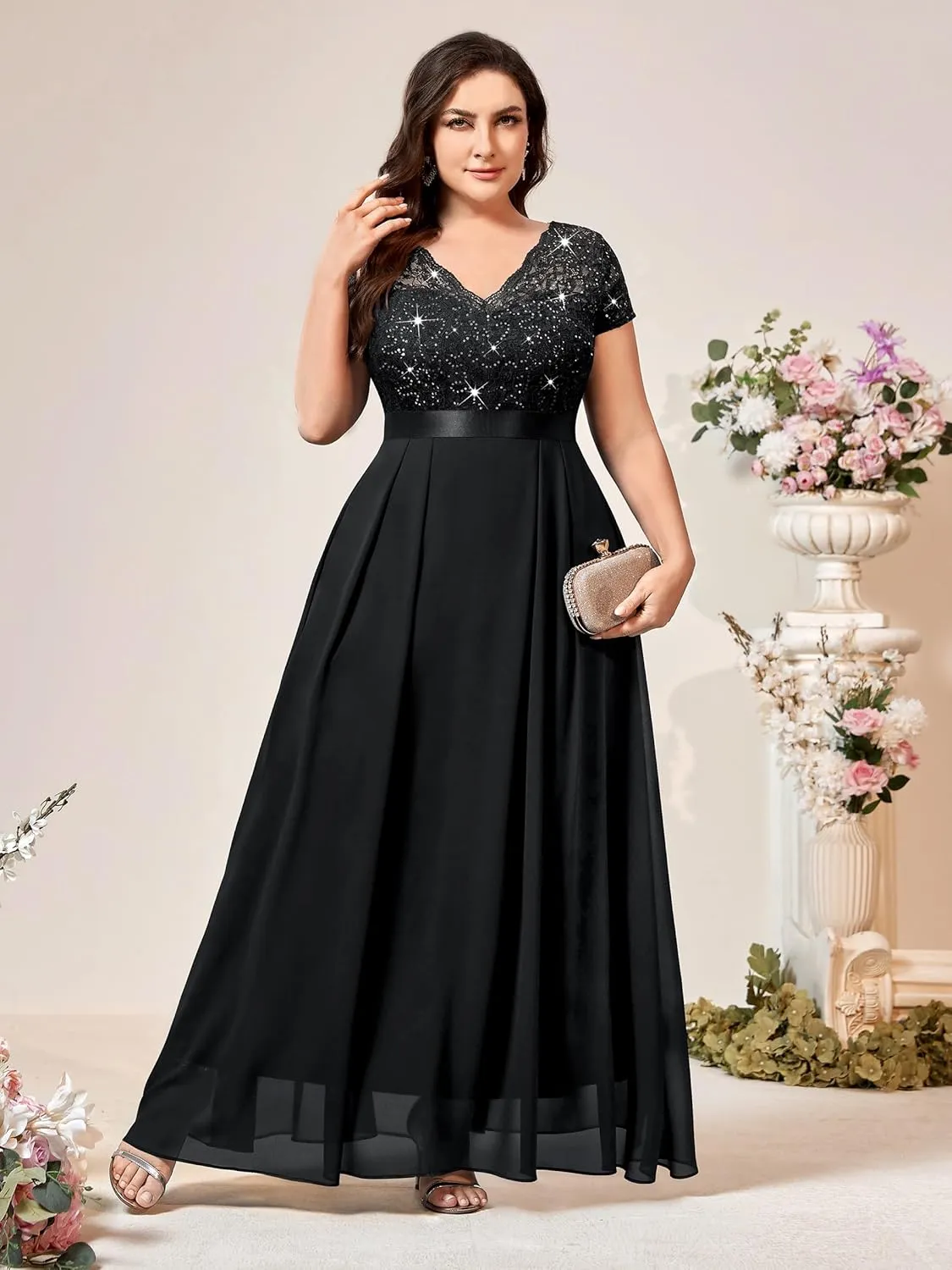 Miusol Women's Plus Size Sequin Floral Lace V Neck Formal Bridesmaid Evening Party Flowy Maxi Dress