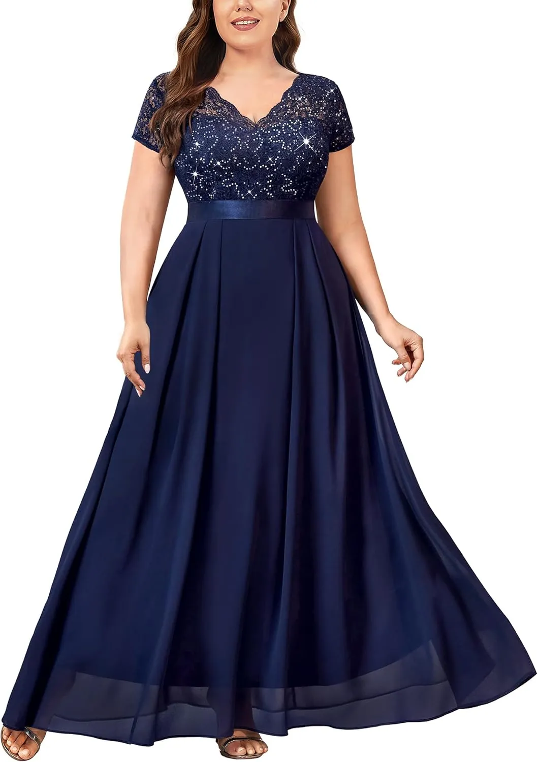 Miusol Women's Plus Size Sequin Floral Lace V Neck Formal Bridesmaid Evening Party Flowy Maxi Dress