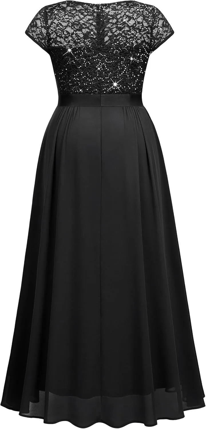 Miusol Women's Plus Size Sequin Floral Lace V Neck Formal Bridesmaid Evening Party Flowy Maxi Dress