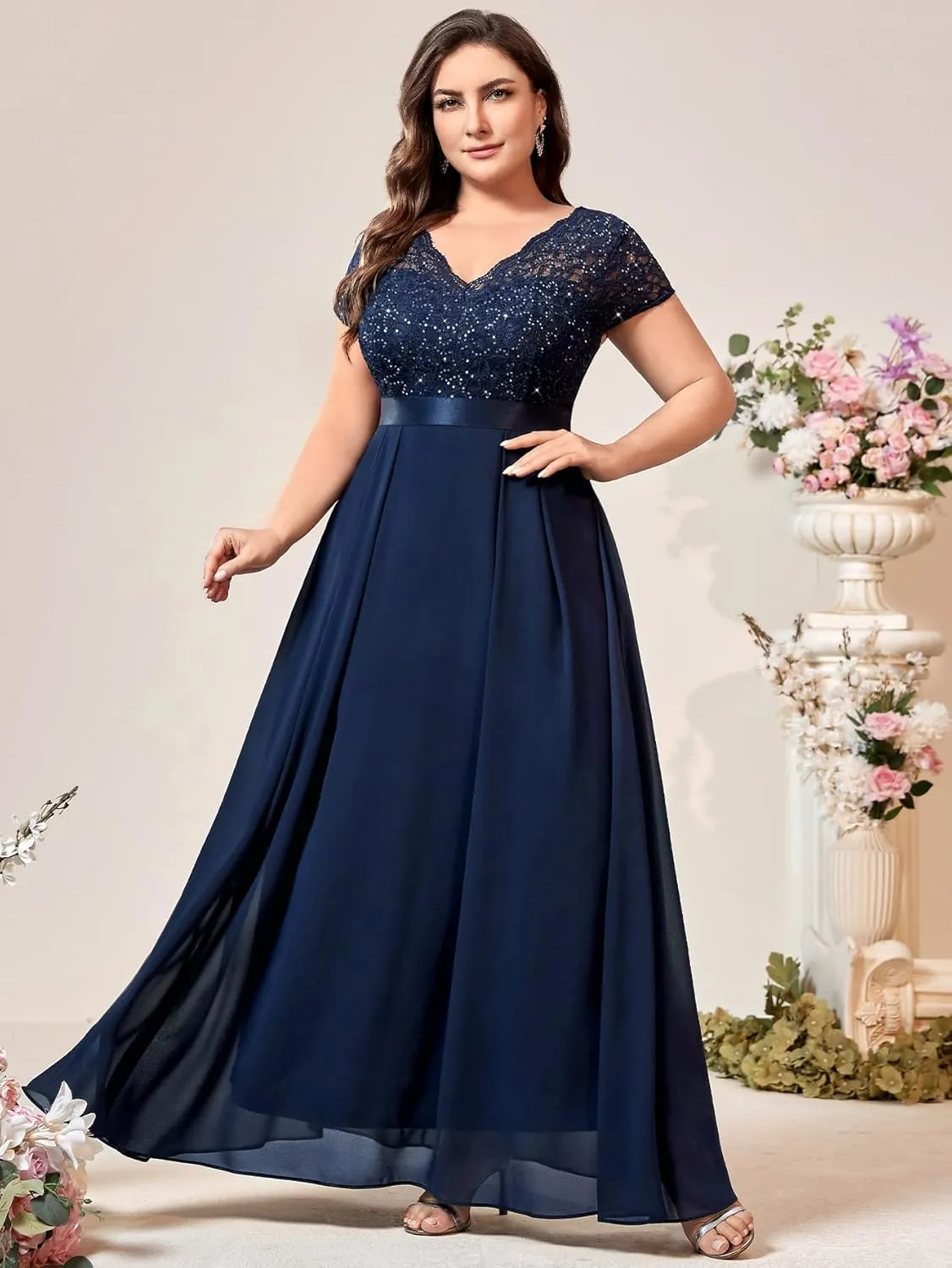 Miusol Women's Plus Size Sequin Floral Lace V Neck Formal Bridesmaid Evening Party Flowy Maxi Dress