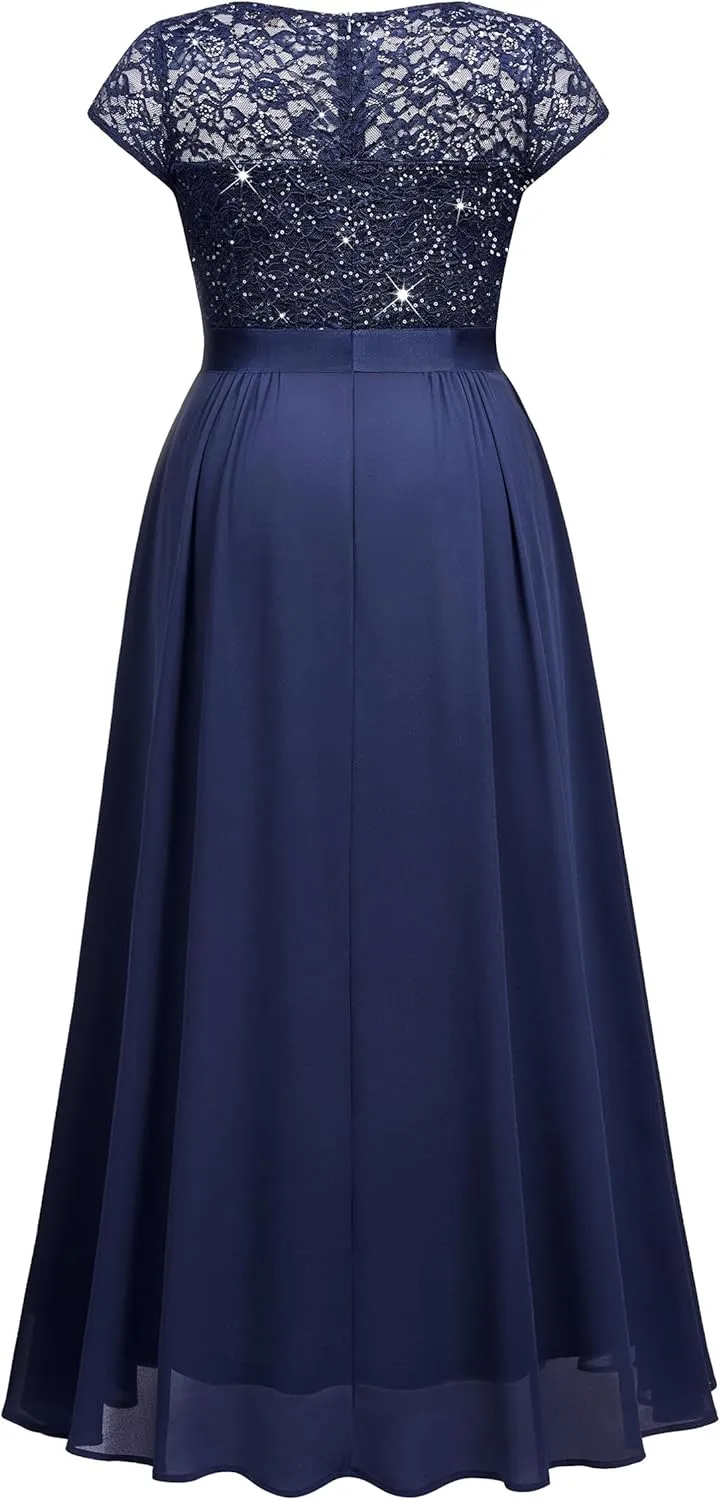 Miusol Women's Plus Size Sequin Floral Lace V Neck Formal Bridesmaid Evening Party Flowy Maxi Dress