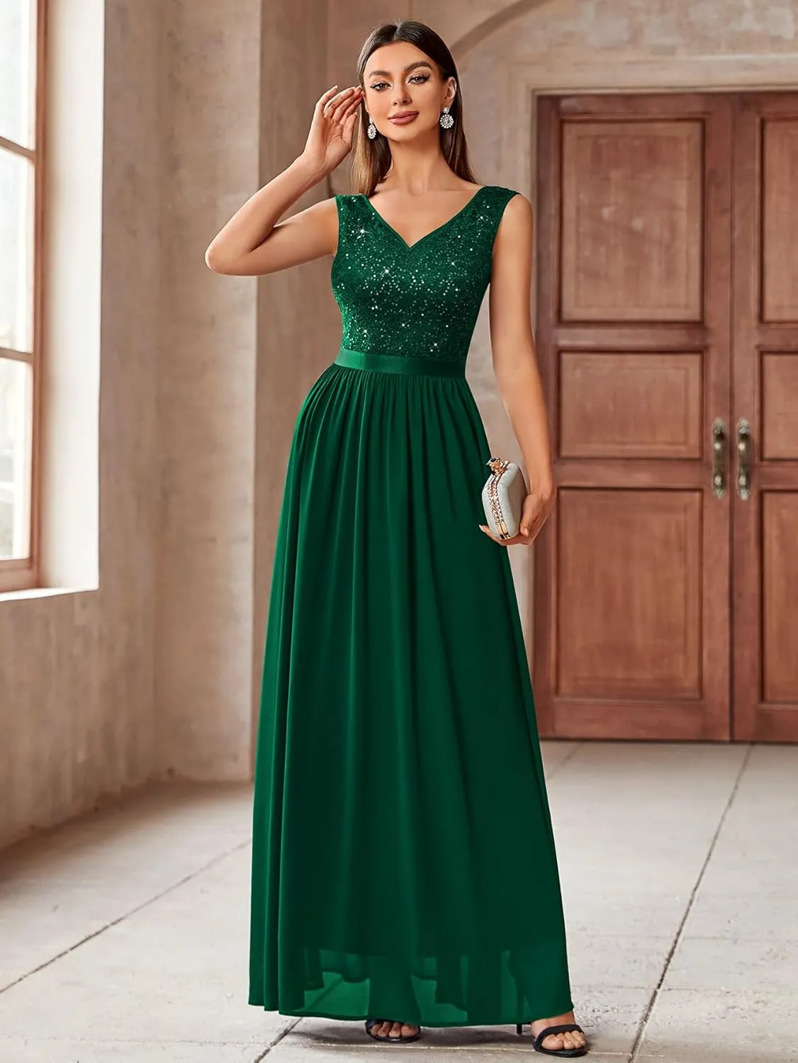 Miusol Women's Sexy Deep V-Neck Sequin Lace Double Sleeveless Evening Party Maxi Dress