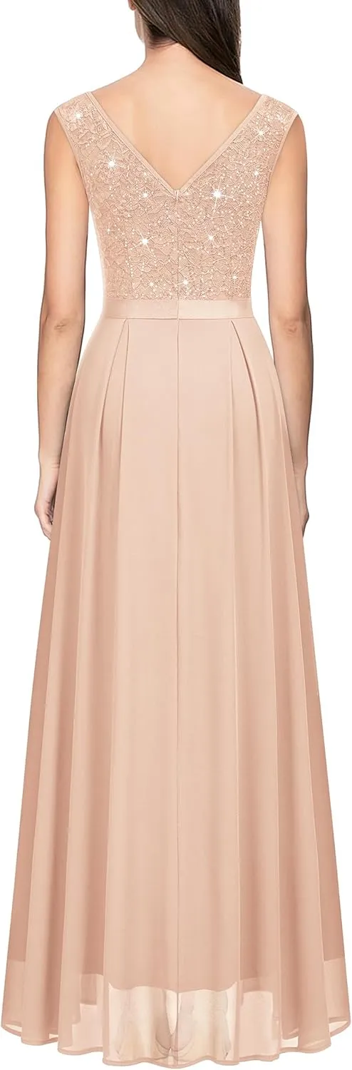 Miusol Women's Sexy Deep V-Neck Sequin Lace Double Sleeveless Evening Party Maxi Dress